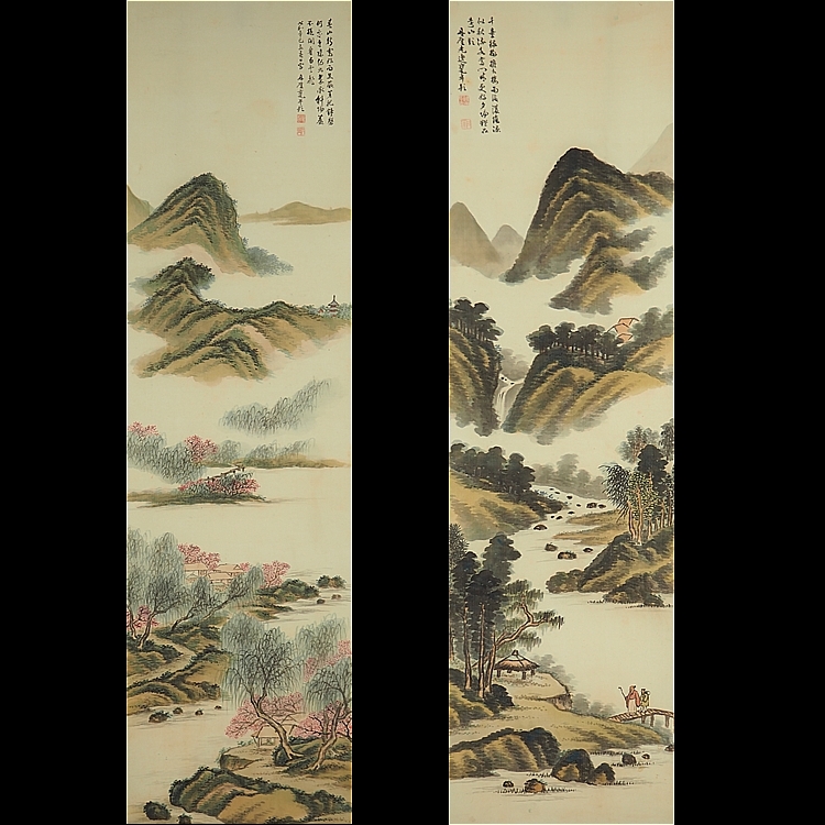 上田丹涯 特上作 掛軸 「春夏淡青緑山水図」 共箱 熊本 肥後のメイン画像