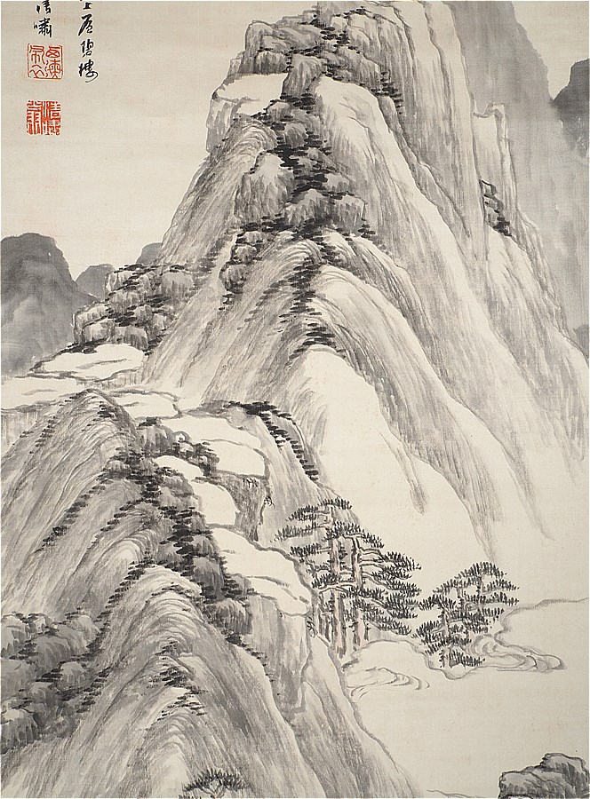 竹富清嘯】 10829 掛軸 日本画 「松林遊鶴山水図」 識箱二重箱